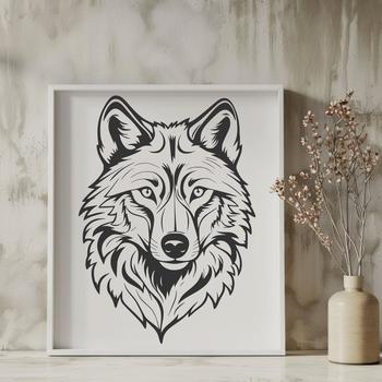 A vector image of a wolf's face with sharp lines and defined details.