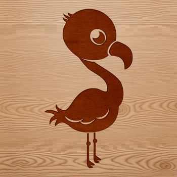 A stylized illustration of a flamingo standing on one leg in a grassy landscape.
