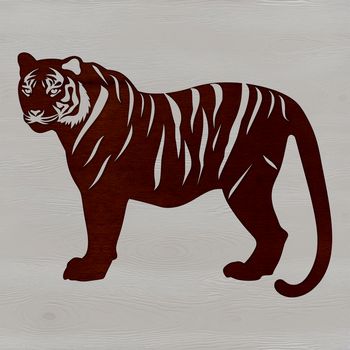 A large wild animal standing on its hind legs, with a distinctive orange and black striped coat.
