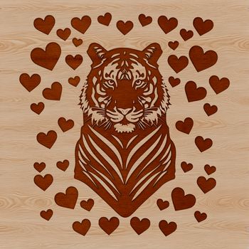 Illustration of a majestic wild tiger with heart details, suitable for vector graphics.
