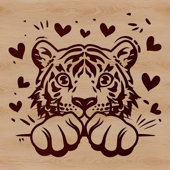 A close-up illustration of a wild tiger's head peeking out from behind leaves, with love hearts surrounding its face.