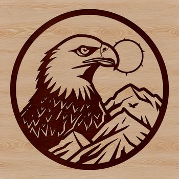 A detailed illustration of a wild eagle's head with sharp feathers and beak.