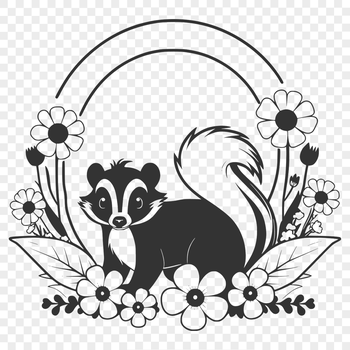 A black and white skunk illustration in a floral pattern.