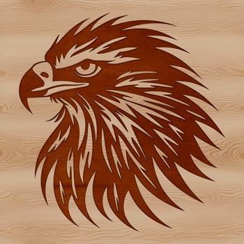 A vector graphic design featuring the profile of a wild bird of prey with sharp features and wingspan.
