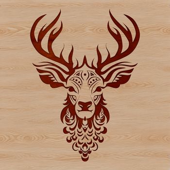 A detailed illustration of a wild animal's head, featuring an ornate deer in profile.
