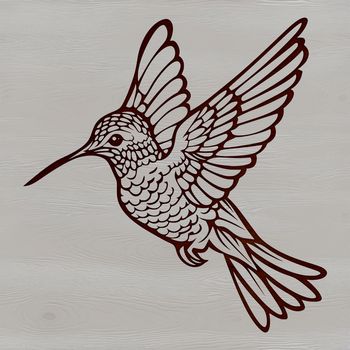 A vibrant illustration of a hummingbird in mid-air, its wings spread wide.