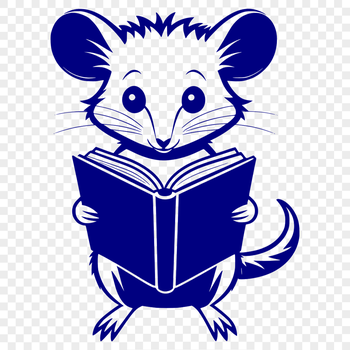 A cartoon possum sitting on a tree branch with a book in its paws, surrounded by foliage.