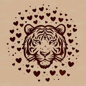 A vector illustration of a tiger's head, featuring the animal with heart symbols.