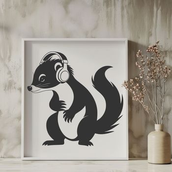 A cartoon illustration of a skunk wearing headphones.
