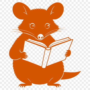 A cartoon possum sitting on the ground with a book in its paws.