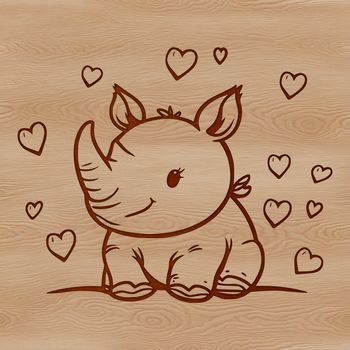 A stylized illustration of a rhino with love hearts surrounding its body.