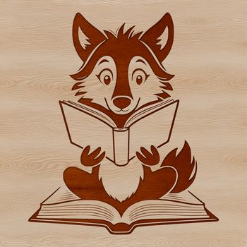 An anthropomorphic wolf sitting on a rocky outcropping, holding a book in its paws.