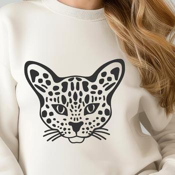 A wild ocelot's head in vector format, suitable for editing and customization.