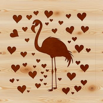 A vector illustration of a flamingo with decorative love hearts surrounding its body.