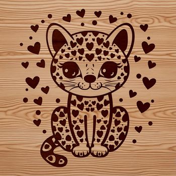 A vector illustration of an ocelot sitting with love hearts surrounding it.