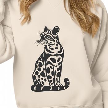 A sitting big cat with a wild and exotic appearance.