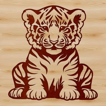 A large wild animal, a tiger is depicted in a sitting position.