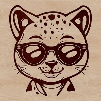 A portrait of a wild ocelot, its head turned slightly to the side, wearing trendy sunglasses in a fun design.