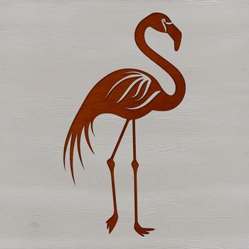 A single flamingo standing in shallow water with one leg lifted.