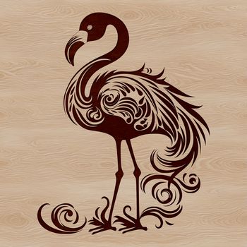 A stylized illustration of a flamingo standing on one leg, with ornate feathers and a distinctive beak.