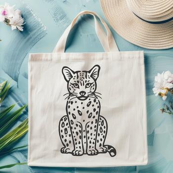 A realistic illustration of a sitting ocelot with spotted fur and a wild expression.