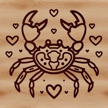 A stylized illustration of a wild crab featuring love hearts on its shell.