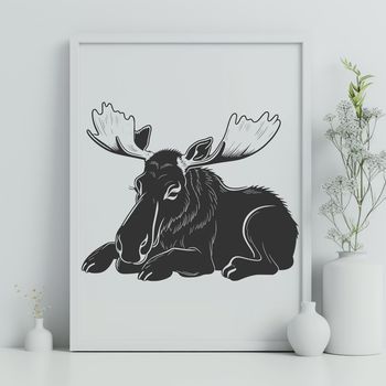 A realistic illustration of a sleeping wild animal, a moose, in a natural environment.