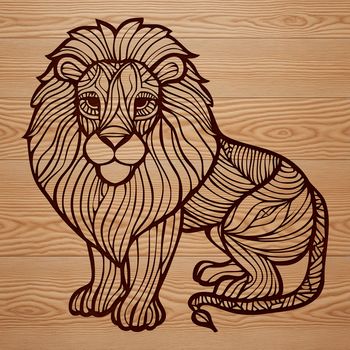 A large, majestic lion standing upright on its hind legs, with intricate details and texture.