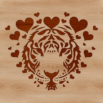 A digital illustration of a tiger's head with love hearts surrounding it.