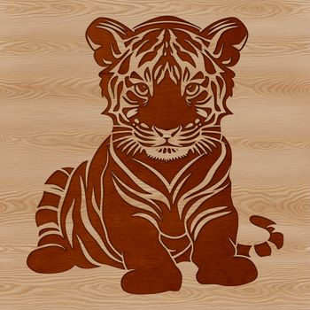 A close-up illustration of a tiger's face with whiskers and sharp teeth.