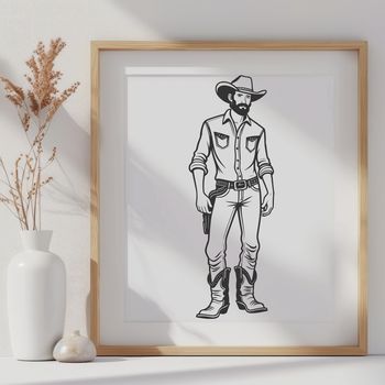 An illustration of a rugged cowboy in the American West.