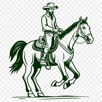 A digital illustration of a rugged cowboy on horseback, suitable for vector art projects.