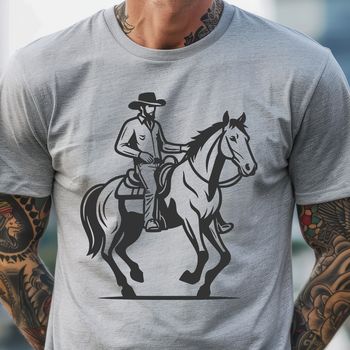 A digital illustration of a cowboy riding a horse against a plain background.