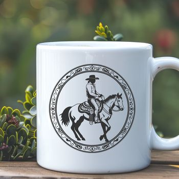 A digital illustration of a cowboy riding a horse in the wild west.