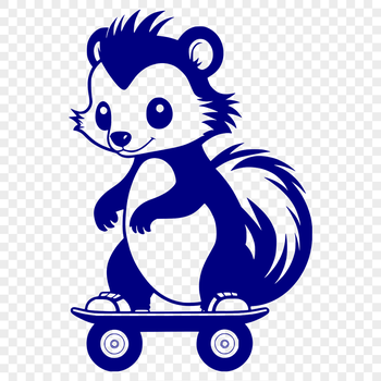A cartoon skunk character riding a skateboard.