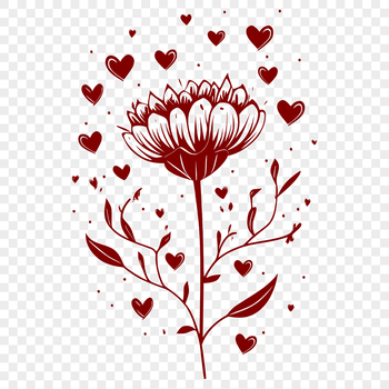 A colorful illustration of a wild flower with love hearts surrounding it.