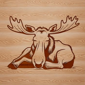 A wild North American animal, the moose is depicted in a relaxed sleeping position.