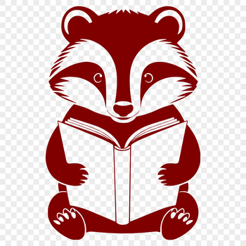 A vector illustration of a badger sitting on the forest floor with a book in its paws.