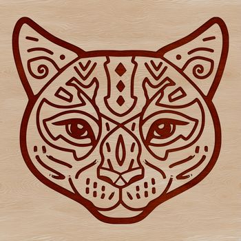 A detailed illustration of an ocelot's head with distinctive markings.