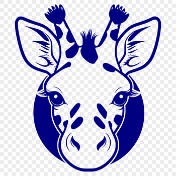 Close-up illustration of a giraffe's head and neck with distinctive spots and long eyelashes.