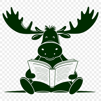 A stylized illustration of a moose standing in a forest clearing with a book in its front legs.