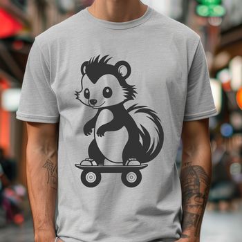 A cartoon illustration of a skunk with a skateboard, suitable for use as a vector design element.