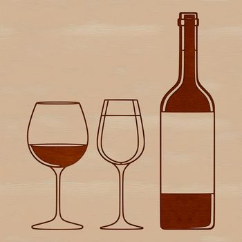 A glass filled with red wine from a bottle on a table.