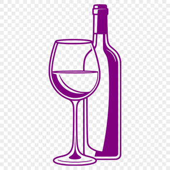 A 2D illustration of a wine bottle and glass on a table.