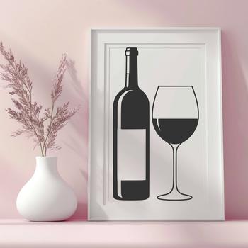 A stylized illustration of a bottle with a glass in the foreground.