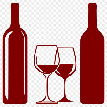 A minimalist graphic of a wine glass filled with red wine from a nearby bottle.