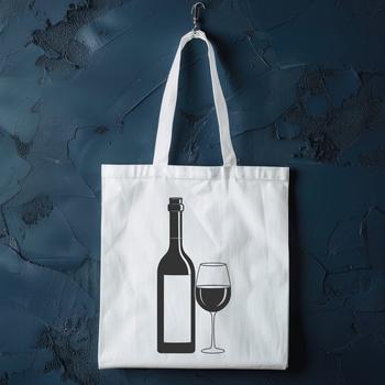 A digital illustration of a glass of wine next to a bottle on a table.