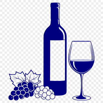 A transparent red wine bottle with a glass partially filled on a white background.