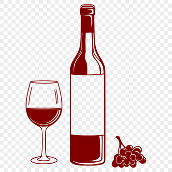 A stylized illustration of a glass of red wine, featuring a bottle in the background.