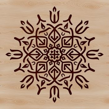 A stylized winter ornament featuring a unique snowflake pattern with clean lines and geometric shapes.